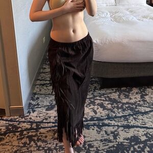 Vintage Arella Brown Leather Fringe Midi Skirt